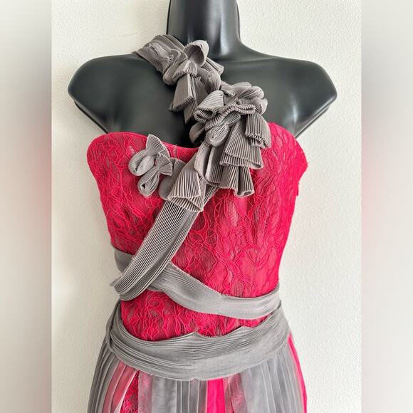 BCBGMAXAZRIA Runway Red Lace & Gray Mesh Ribbon Dress Limited Edition Size 2 NWT - Picture 2 of 10